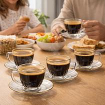 Conjunto 4 Xícaras de Café Vidro Cristalle com Pires Borda Dourada 90ml Haukraft