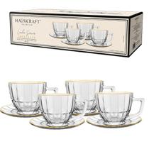 Conjunto 4 Xícaras de Café Vidro Cristalle com Pires Borda Dourada 90ml Haukraft Conjunto 4 Xícaras de Café Vidro Cristalle com Pires Borda Dourada 90ml Haukraft