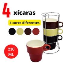 Conjunto 4 Xícaras De Cerâmica Coloridas Com Suporte 210ml