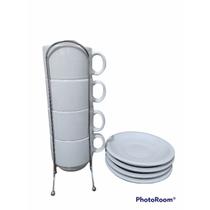 Conjunto 4 Xícaras De Chá 4 Pires de Porcelana Branca 200 ml Com Suporte de Metal Cromado