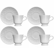 Conjunto 4 Xícaras de Chá com Pires 80ml Porcelana em Relevo Tassel Germer Branco