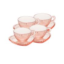 Conjunto 4 Xícaras de Chá de Cristal com Pires Coração Pearl Rosa 180ml Mesa Posta Wolff