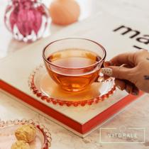 Conjunto 4 Xícaras de Chá de Cristal com Pires Coração Pearl Rosa - 180ml