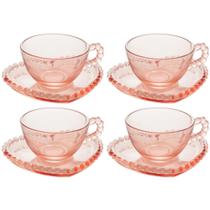 Conjunto 4 Xícaras de Coração com Pires para Chá - Pearl Rosa