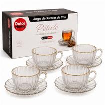 Conjunto 4 Xicaras Petale Borda Dourada 200ml Cha ou Cafe Conjunto 4 Xicaras Petale Borda Dourada 200ml Cha ou Cafe
