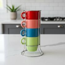 Conjunto 4 Xícaras Stacky 90ml Cerâmica Coloridas Suporte