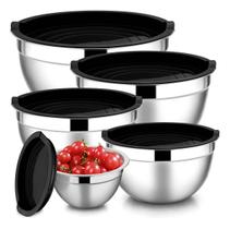 Conjunto 5 Bowls Inox Aço com Tampas Pretas Empilháveis para Preparar e Armazenar Alimentos Cozinha