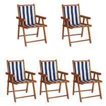 Conjunto 5 Cadeiras Praia Dobrável em Madeira Envernizada Mel com Tecido Listrado Azul e Branco