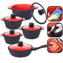 Conjunto 5 Panelas Preta Cerâmica Indução Floral Tampa Vidro