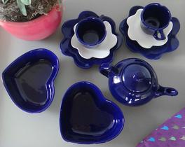 Conjunto 5 Peças Chá Coração Flor Cobalto Conjunto 5 Peças Chá Coração Flor Cobalto