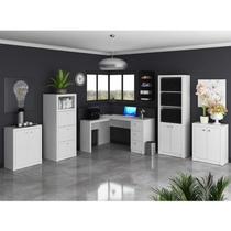 Conjunto 5 Peças com 1 Mesa para Escritório em L, 1 Gaveteiro, 2 Armários Baixo e 1 Armário Alto Branco