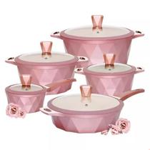 Conjunto 5 Peças Cozinha Indução Diamante Rose Bege Marmorizado Panela N16 Frigideira N28 Caçarola N20 - N24 - N28