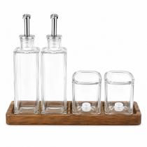 Conjunto 5 peças galheteiro vidro base madeira tuut Conjunto 5 peças galheteiro vidro base madeira tuut