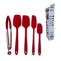 Conjunto 5 peças silicone vermelho espátulas e pegador cozinha resistente calor inox não risca panela fácil limpeza