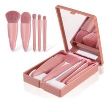 Conjunto 5 Pincéis com Caixa e Espelho Ideal para o Dia a Dia Cor Rosa para Rotina de Beleza