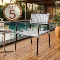 Conjunto 5 Poltronas Porã em Junco Sintético Aço Preto para Área Jardim Piscina Varanda - Branco