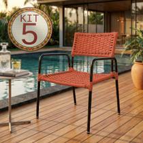 Conjunto 5 Poltronas Porã em Junco Sintético Aço Preto para Área Jardim Piscina Varanda - Laranja Conjunto 5 Poltronas Porã em Junco Sintético Aço Preto para Área Jardim Piscina Varanda - Laranja
