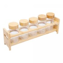 Conjunto 5 Porta Temperos de Vidro Borossilicato com Tampa e Suporte de Bambu 130 ml Conjunto 5 Porta Temperos de Vidro Borossilicato com Tampa e Suporte de Bambu 130 ml