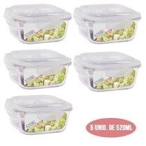 Conjunto 5 Pote 520ml Hermético Vidro Marmita Tampa 4 travas