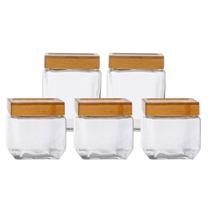 Conjunto 5 Pote De Vidro Hermético Quadrado Tampa Bambu 3x880/2x1250ml Design Sofisticado Prático