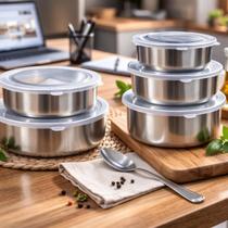 Conjunto 5 Potes Aço Inox Hermético Redondo Tampa Vedação Tigela Bowl Vasilha Marmita Conservação Alimentos Geladeira Cozinha Organização Kit Variados