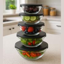 Conjunto 5 Potes de Vidro com Tampa Preta Potes Herméticos Redondos para Mantimentos, Frutas, Saladas e Grãos 135ml a 1000ml