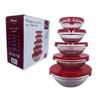 Conjunto 5 Potes de Vidro Com Tampa Vermelha Para Marmitas Fitness Cozinha Pratica