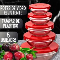 Conjunto 5 Potes de Vidro Herméticos Redondo Bowls Tigela Com Tampa Porta Mantimentos Com Vedação Marmita Vasilha
