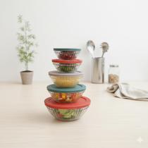 Conjunto 5 Potes em Vidro com Tampa Vasilhas Tigelas Bowls Marmita Para Armazenamento de Alimentos