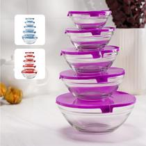 Conjunto 5 Potes Em Vidro Com Tampa Vasilhas Tigelas Bowls Marmita Para Armazenamento De Alimentos