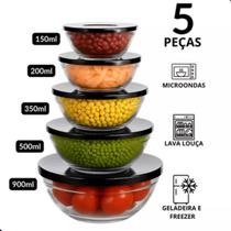 Conjunto 5 Potes Em Vidro Com Tampa Vasilhas Tigelas Bowls Marmita Para Armazenamento De Alimentos