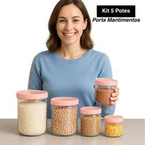 Conjunto 5 Potes Mantimento Rosa Tampa Rosca