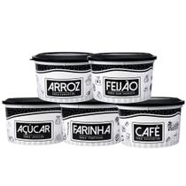 Conjunto 5 Potes Mantimentos Plástico Com Tampa Decorado Black White Cozinha Exclusivo