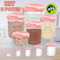 Conjunto 5 Potes Porta Mantimento Tampa Com Rosca Rosa Transparente Decoração Organizar Cozinha