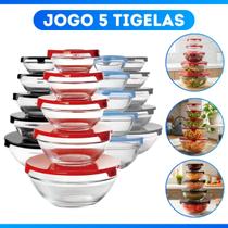 Conjunto 5 Potes Vidro Com Tampa Jogo De Vasilhas Tigelas Armazenamento