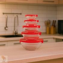 Conjunto 5 Potes Vidro Tampa Hermética Marmita Mantimentos Vermelho