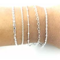 Conjunto 5 Pulseira Prata 925 Laminada Torcida Bolinha