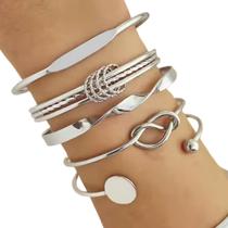 Conjunto 5 Pulseiras Femininas Dourada Prata Bracelete Banhada Joias
