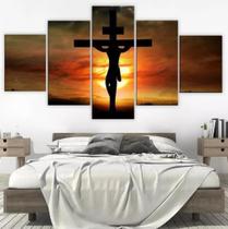 Conjunto 5 Quadros Cruz Jesus Por Do Sol"