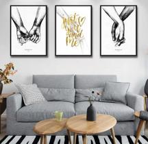 Conjunto 5 Quadros Decorativos Abstrato Mãos Preto Branco Dourado"