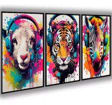 Conjunto 5 Quadros Decorativos Leão Zebra Animais Graffiti Colorido"