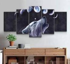 Conjunto 5 Quadros Decorativos Lobo E Fases Da Lua