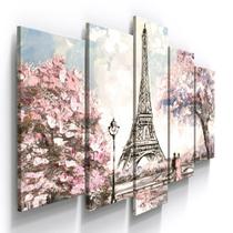 Conjunto 5 Quadros Decorativos Mosaico Caixa Alta Paris Torre Eiffel França Romantico Arvore Floral - Pri D'cora
