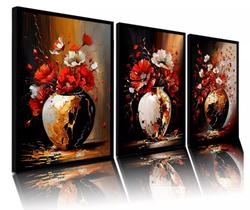 Conjunto 5 Quadros Decorativos Vaso Vermelho Flores"