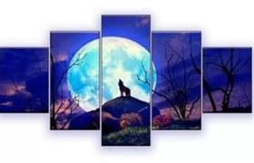 Conjunto 5 Quadros Lobo X Lua Cheia Mosaico"