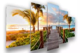 Conjunto 5 Quadros Praia Por Do Sol "