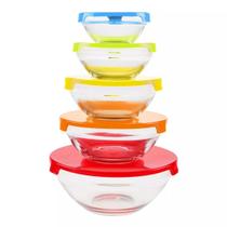 Conjunto 5 Tigelas Potes De Vidro Tampas Plásticas Coloridas- Collection Abs