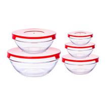 Conjunto 5 Tigelas Vasilhas Potes Bowls De Vidro Com Tampa Vermelha
