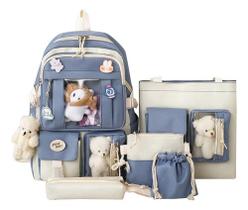Conjunto 5pcs Mochila Bolsa Estojo Kawaii Bookbag Jovem Azul