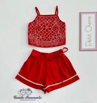 Conjunto 6/16 Petit Cherie Vermelho Cropped Bordado Floral com Shorts Infantil Feminino
